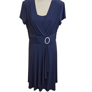 R&M Richards Formal Short Sleeve Blue Cocktail Dress Rhinestone Brooch Size 16